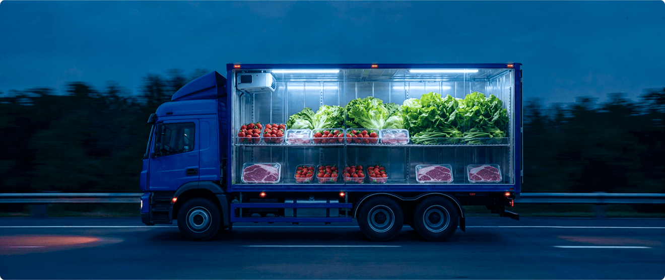 Local refrigerated truck stocked with fresh produce and packaged goods